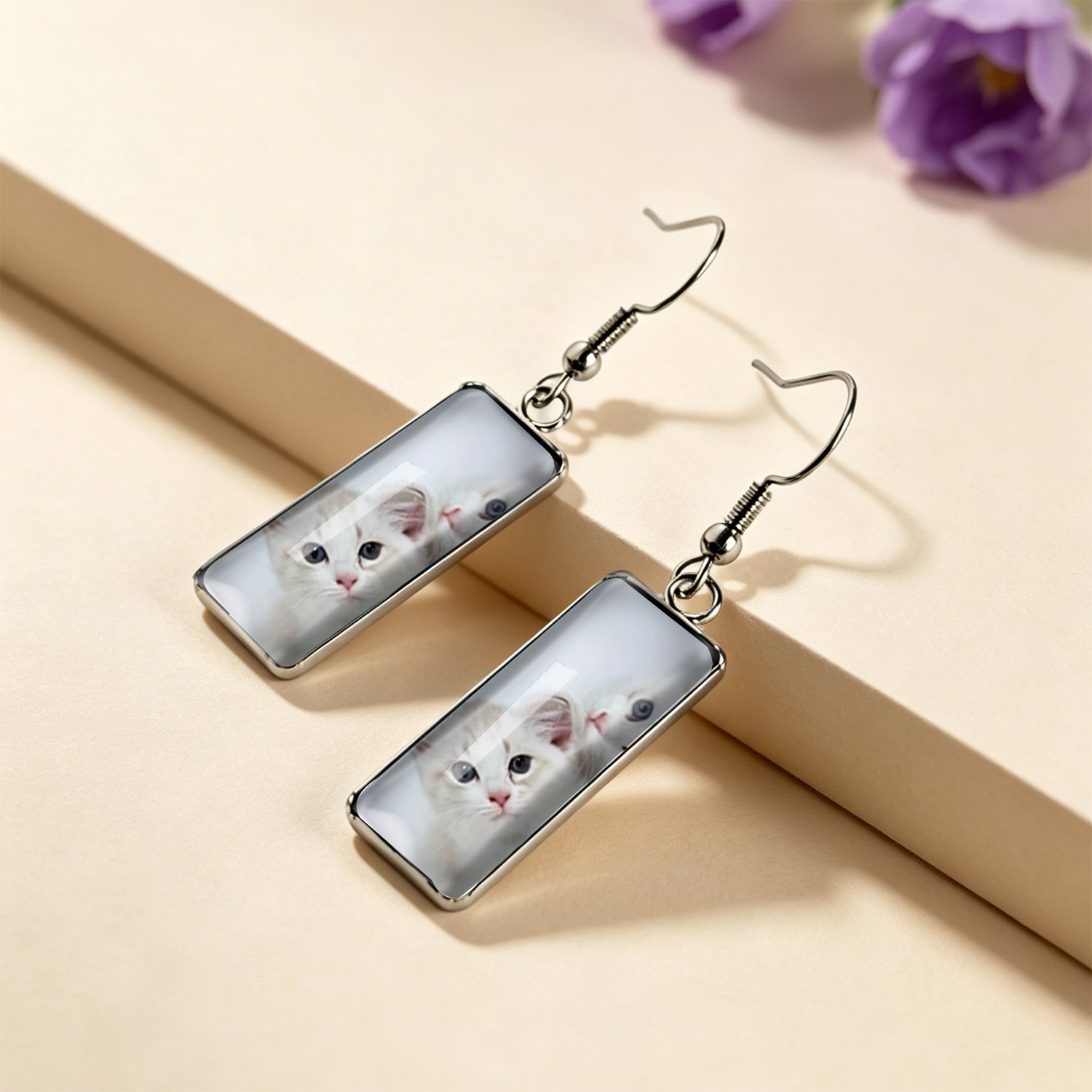 Cute White Kitten Rectangular Ear Hooks, Girly Jewelry